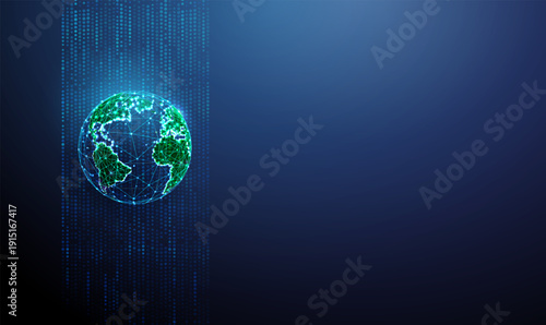 3d green earth globe in flowing data stream. Global data exchange, digital connectivity, information transfer, technology integration, worldwide analytics concept.