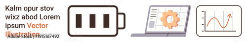 Business technology, data progression, digital charging, process optimization, technical analysis, energy management. A battery icon, a laptop with a gear and a line chart. Data progression