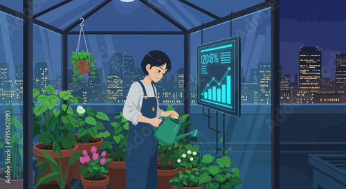 Woman tending plants in a futuristic rooftop greenhouse at night.