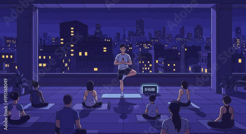 Yoga Class on Rooftop at Night Serene Urban Wellness.