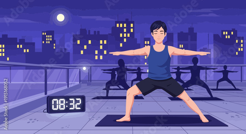 Yoga at Night A Serene Rooftop Warrior Pose.