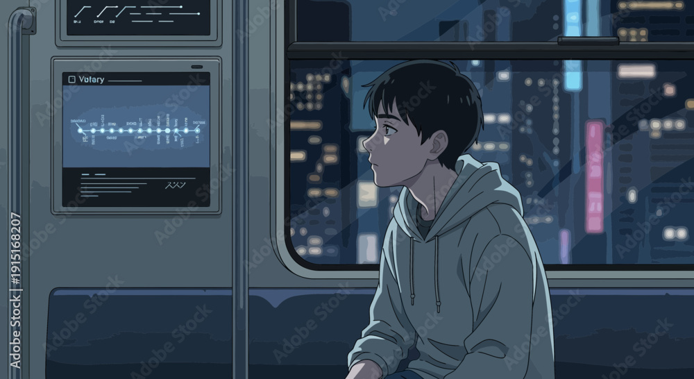 Fototapeta premium Anime Boy on Train Reflective Moment in Urban Nightscape.