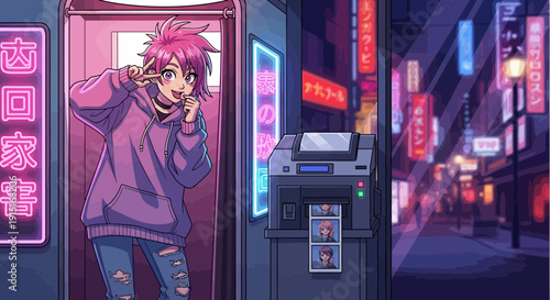 Anime Boy with Pink Hair Posing in Doorway.