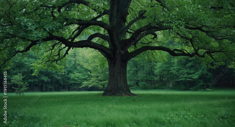 Obraz premium quiet beauty of a large tree standing tall in a rich green grassy forest clearing
