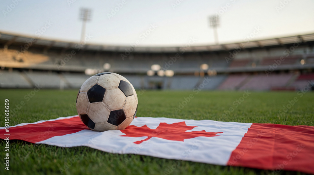 Fototapeta premium Fußball Weltmeisterschaft 2026 Motiv Fußball auf Rasen Spielfeld mit Flagge, WM 2026