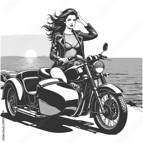 stylish woman riding a classic motorcycle with sidecar by the sea at sunset, symbolizing freedom and adventure sketch engraving generative ai vector illustration. Scratch board. Black and white image.