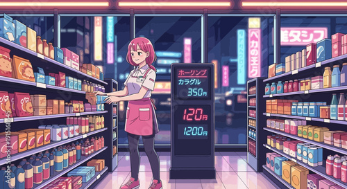 Anime Convenience Store Clerk with Pink Hair and Apron.