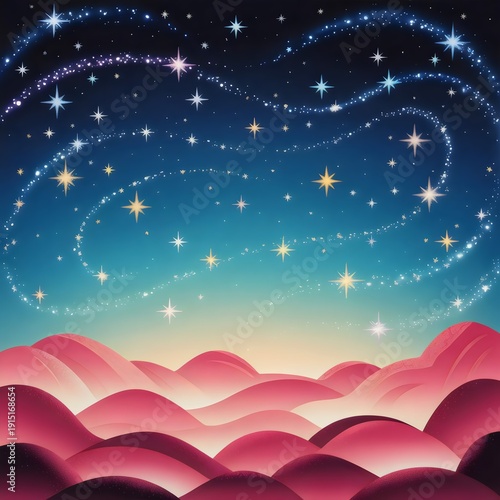 Whimsical fantasy night sky illustration with sparkling stars forming magical trails above rolling pink hills, creating a dreamy and imaginative abstract landscape