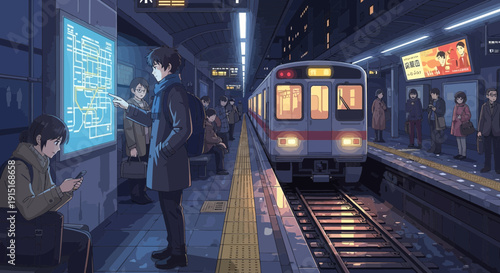 Anime Commuters at a Futuristic Train Station Platform.