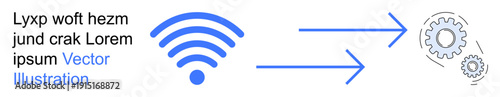 Data transfer, connectivity, automation, wireless communication, technology, process workflow. wireless signal transmitting through arrows to gears. Data transfer and connectivity concept