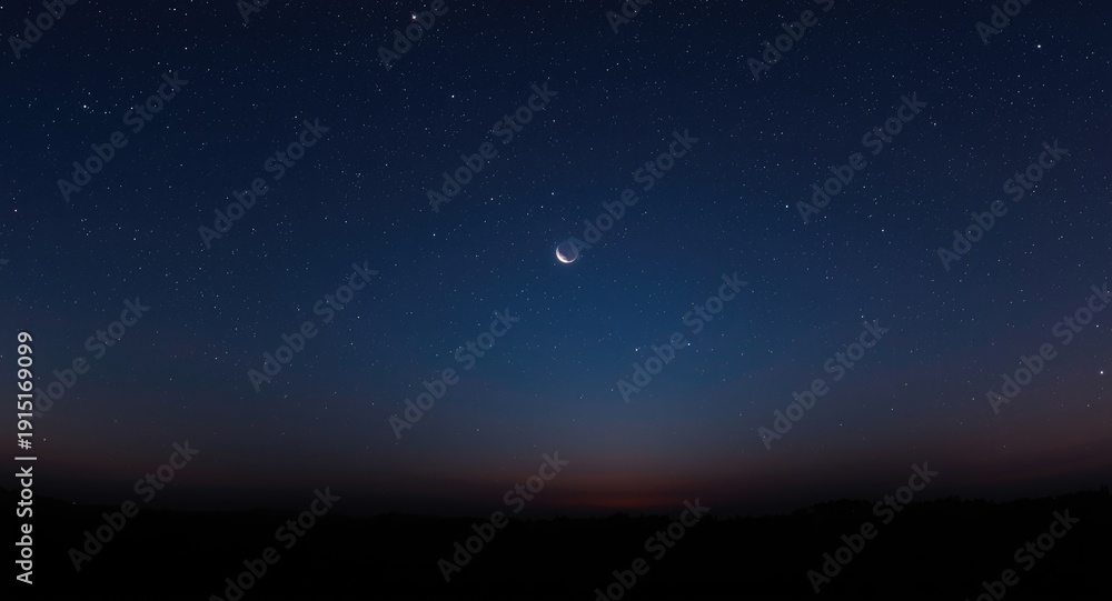 Fototapeta premium Magical dusk panorama with bright stars and climbing moon figure