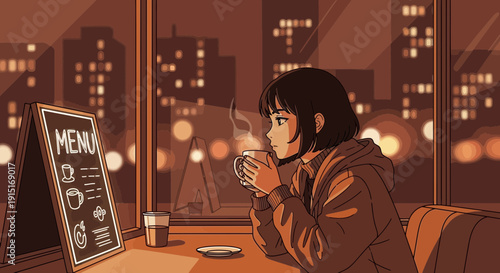 Anime girl enjoying coffee in a cozy cafe setting.
