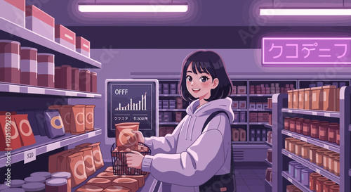 Anime Girl Shopping for Snacks in a Supermarket Aisle.