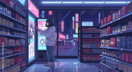 Anime Girl Shopping in NeonLit Convenience Store at Night.