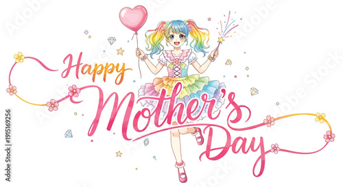 Colorful Mother's Day greeting with cartoon girl holding heart balloon and confetti