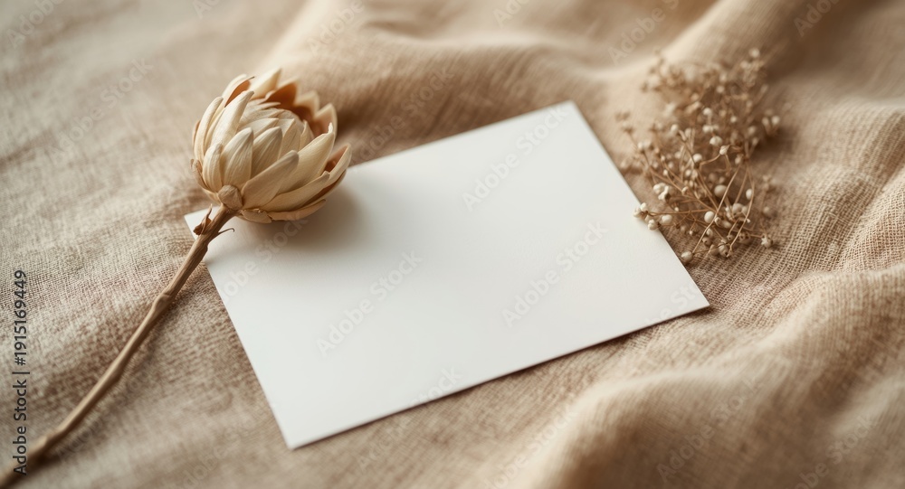 Fototapeta premium Elegant blank invitation card with dried protea flower placed on textured linen backdrop
