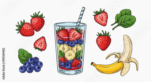 A colorful illustration of a fruit smoothie with various fruits and leaves