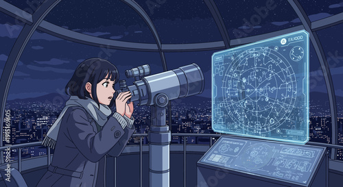 Anime girl stargazing through telescope with digital star chart.
