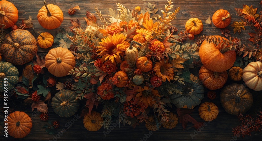 Naklejka premium Top view of autumn floral arrangements and handcrafted pumpkins on rustic holiday table anime aesthetic