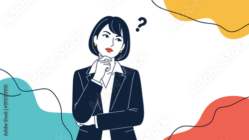 An illustration of a pensive businesswoman in a formal suit with a question mark above her head, contemplating a problem or making a decision.