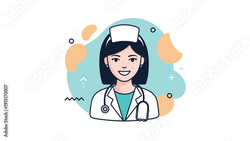 A friendly and professional female doctor or nurse character smiling, wearing a uniform and a stethoscope, against a modern abstract background.