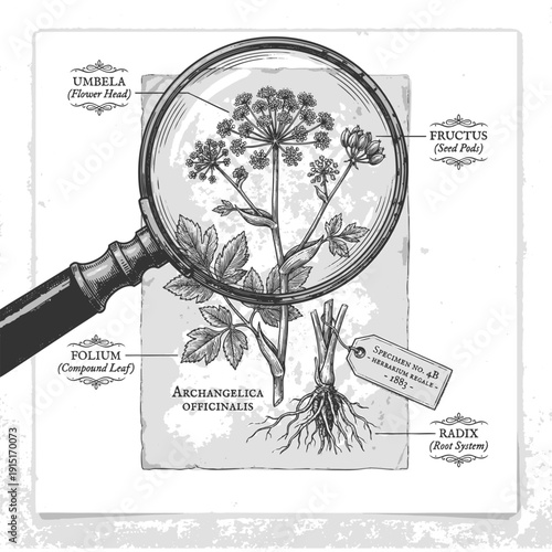 Angelica officinalis under magnifying glass, inspired by 19th century herbarium studies sketch engraving generative ai vector illustration. Scratch board. Black and white image.