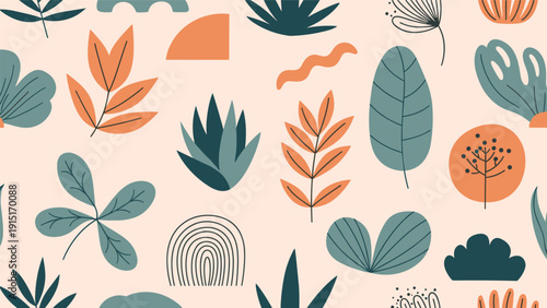 A modern and abstract seamless pattern with hand-drawn botanical elements, leaves, and organic shapes in a warm terracotta and cool teal palette.
