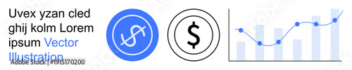 Business strategy, finance management, marketing analytics, investment growth, financial monitoring, data visualization. Blue dollar icon and upward data chart. Finance management and investment