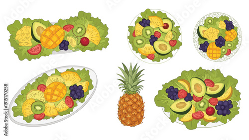 A fresh and healthy set of vector illustrations showing delicious fruit salads served on lettuce leaves, featuring pineapple, mango, and avocado.