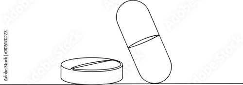 Continuous One Line Drawing of Medicine Pill and Capsule