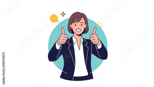 A positive and confident businesswoman in a suit smiling and giving two thumbs up, expressing approval, success, and satisfaction.