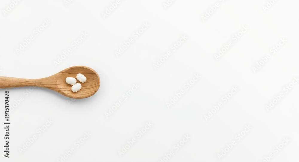 Obraz premium Wooden spoon holding white pills positioned on clean white surface with blank area for text