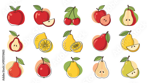 A modern and stylized set of fruit icons, including apples, pears, lemons, and cherries, with an artistic outline and abstract color shapes.