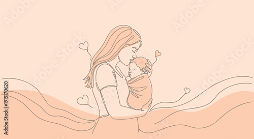 Continuous line drawing of a mother holding her baby with hearts on a peach background