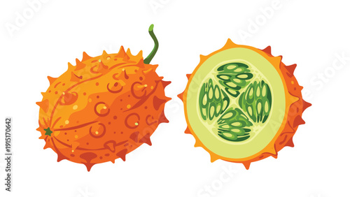A vibrant illustration of an exotic kiwano or horned melon, showing the whole spiky orange fruit and a cross-section of its green seeds.