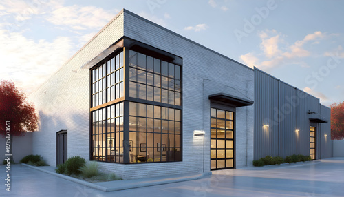 Contemporary industrial building exterior with large glass panels and concrete walls at dawn, reflecting modern architectural design