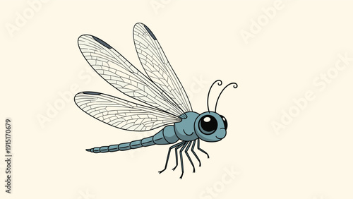 An adorable cartoon illustration of a cute blue dragonfly with large eyes and detailed transparent wings, isolated on a light beige background.
