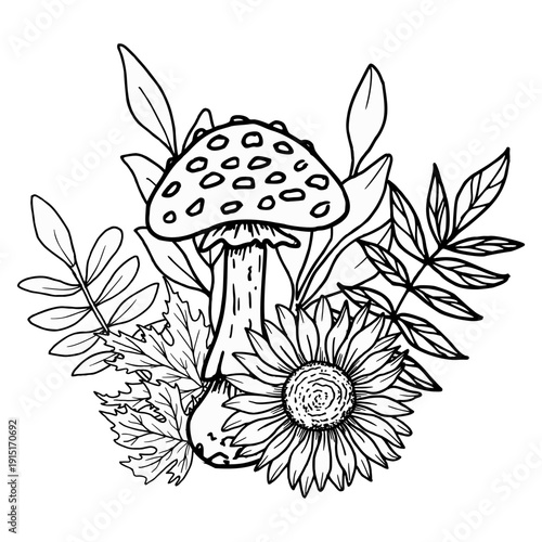Composition of fly agarics with sunflowers, rowan berries, maple leaves. Botanical vector illustration. Hand drawn in black ink. Outline drawing of the mushroom and berries for seasonal celebrations.