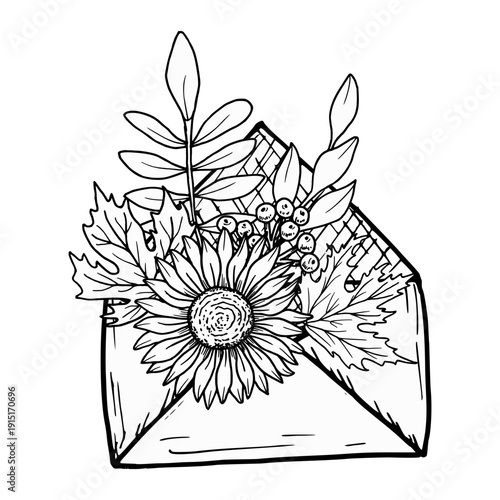 Autumn composition with an envelope, maple leaf, sunflower, and rowan berries. Vector botanical illustration. Hand-drawn in black ink. Outline drawing for a greeting card, invitation, or Thanksgiving.