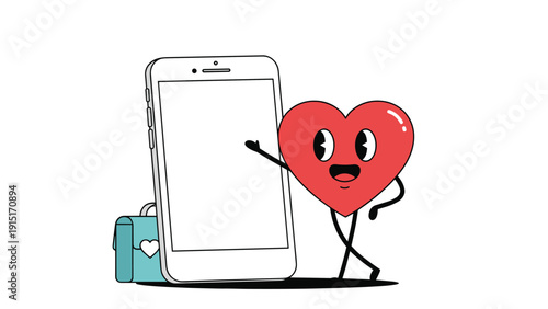A fun retro cartoon illustration of a walking red heart character standing next to a large smartphone with a blank screen for dating app promos.