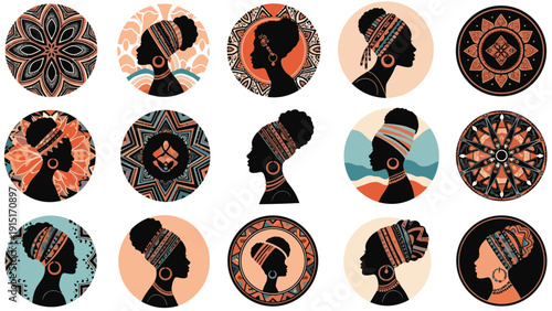 A beautiful and empowering collection of circular icons featuring the silhouettes of African American women with various headwraps.