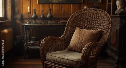 Wallpaper Mural Warm vintage wooden room showcasing antique wicker chair with a soft cushion Torontodigital.ca