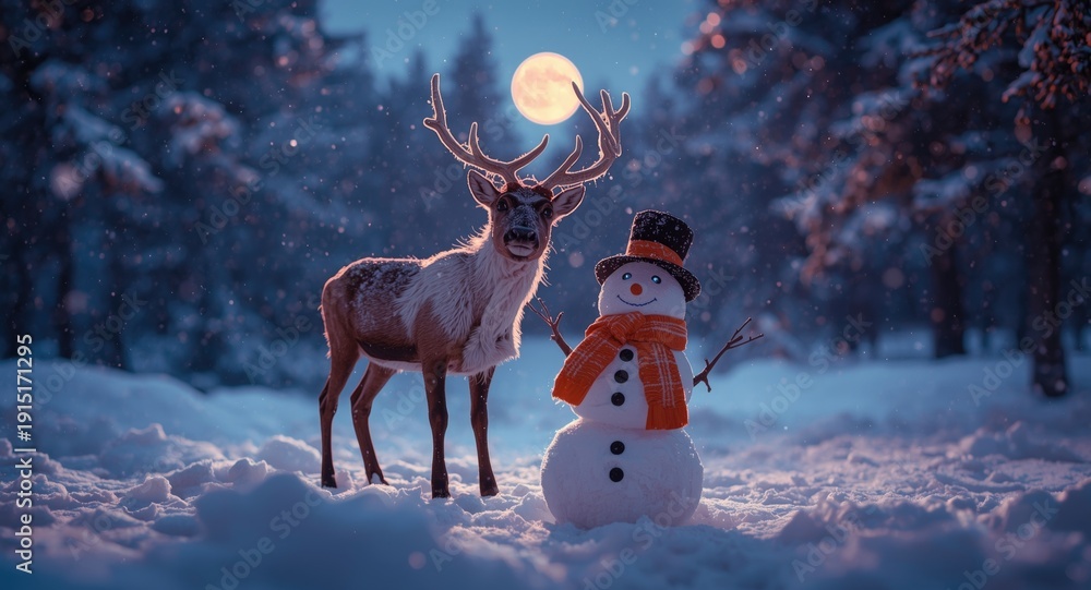 Naklejka premium Elated snowmen next to a reindeer within a snowy forest backdrop during winter festivities