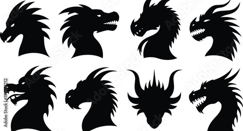 Collection of Dragon Head Silhouettes in Different Fierce Poses Isolated on White Background for Fantasy Design