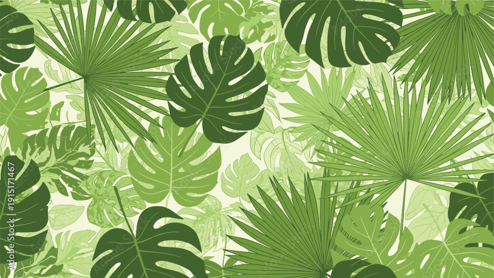 Fototapeta premium A dense and lush seamless pattern featuring a variety of green tropical leaves, including monstera and palm fronds, creating a jungle background.