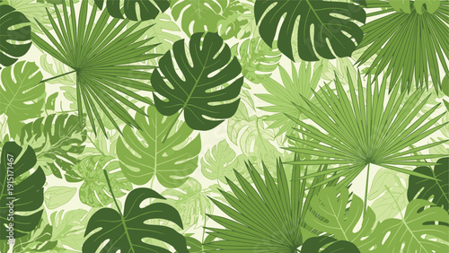 A dense and lush seamless pattern featuring a variety of green tropical leaves, including monstera and palm fronds, creating a jungle background.