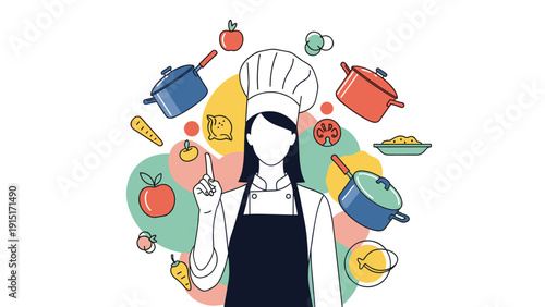 An energetic and creative illustration of a female chef in uniform, surrounded by a dynamic swirl of cooking pots, vegetables, and food items.