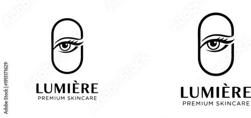 Lumiere Premium Skincare Vector Logo Design, Minimalist Eye Icon inside Capsule Frame, Professional Beauty Symbol for Cosmetics, Dermatology, Vision Care, and Spa Branding.