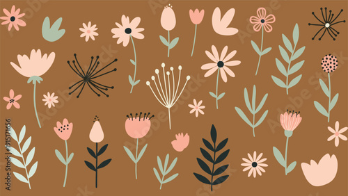 A beautiful collection of hand-drawn whimsical flowers and leaves in a soft, earthy color palette, perfect for botanical and folk-art designs.