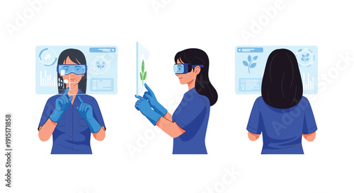 Female scientist wearing augmented reality glasses to analyze plant data and information in a laboratory setting, Generative AI.